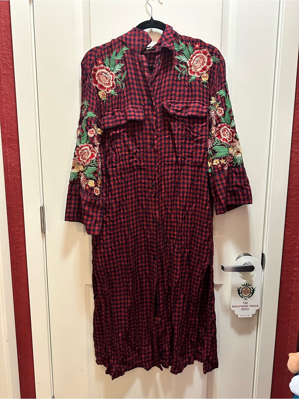 Embroidered Floral Red Plaid Shirt Dress Small